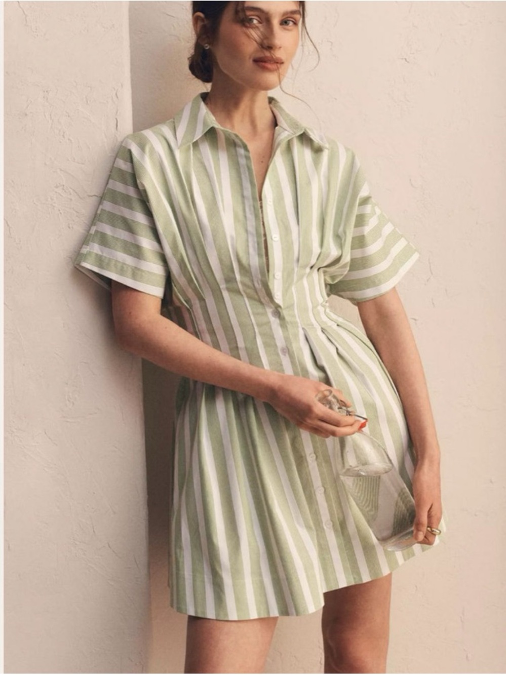 Anthropologie Green and White Tobie Striped Mini Shirt Dress